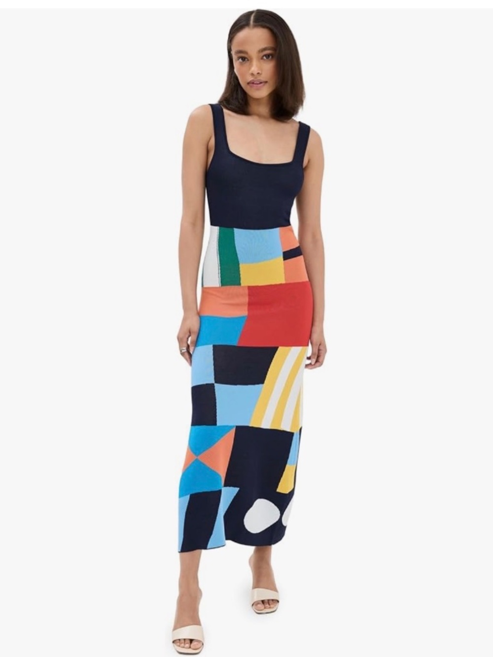 STAUD Sails Up Katie Geometric Patchwork Square Neck Knit Midi Dress NWOT